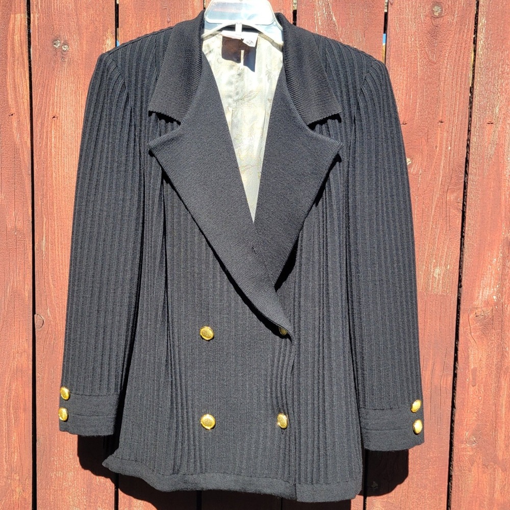 VTG 90s Virgin Wool Ribbed Knit Blazer Black Gold Buttons Classic Office Siren M